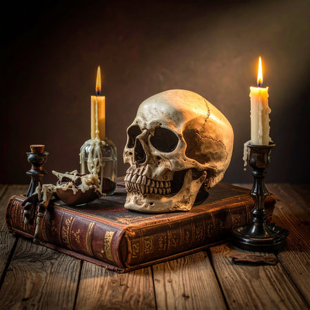 Still life with human skull, candle and old book on wooden tableの素材