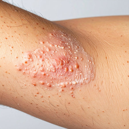 Skin rash on a man's body, close-up, macroの素材