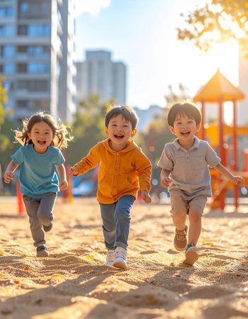 Happy children running on the playground in the park on a sunny dayの素材