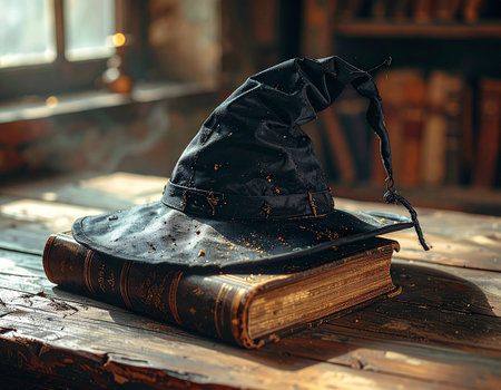 Old book and witch's hat on a wooden table in the old libraryの素材
