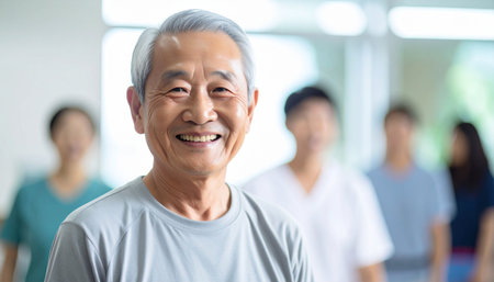 senior asian man with group of people in background at gymの素材