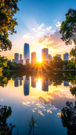 Sunset in the city park with skyscrapers and reflection in the lakeの素材