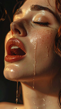 Beautiful young woman with red lips in water drops. Close-up.の素材