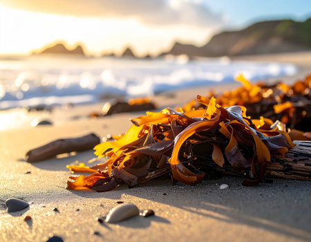 seaweed on the beach at sunset, shallow depth of fieldの素材