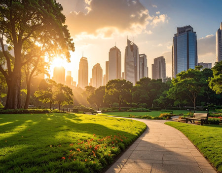 beautiful park and cityscape at sunset in Shenzhen,Chinaの素材