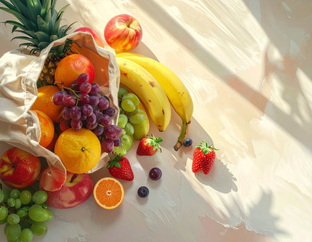Fresh fruits in reusable shopping bag on white background. Zero waste concept.の素材