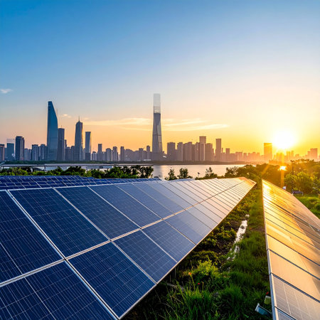 Solar panels and modern city skyline at sunset in Shanghai,China.の素材