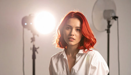 Portrait of a beautiful young woman with red hair in a white shirtの素材