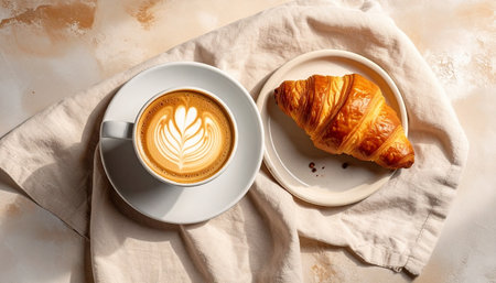Cup of cappuccino with croissant on tableの素材