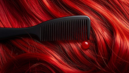Comb with red hair on a dark background. Close-up.の素材