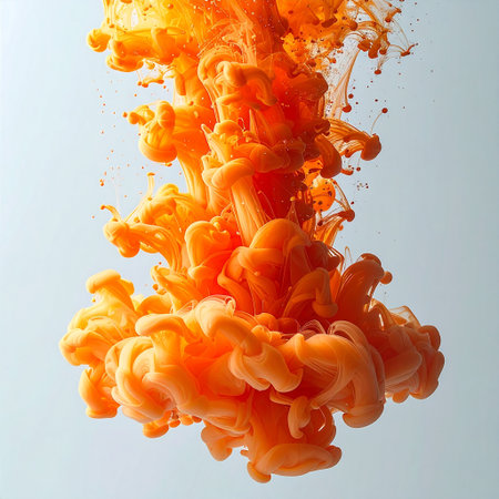 Abstract splash of orange paint isolated on white background. 3d renderの素材