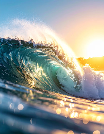 Surfing ocean wave at sunset time. Blue and yellow colors.の素材