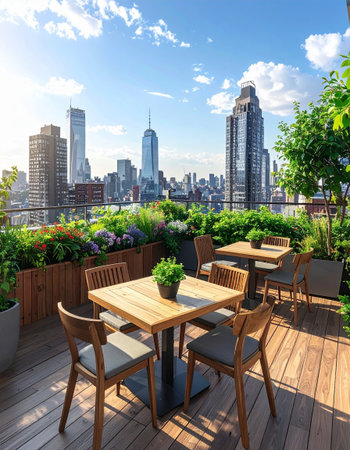 Wooden terrace with table and chairs in New York City.の素材