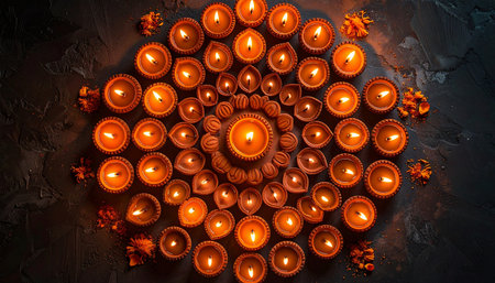 Burning diya lamps on dark background for Diwali festivalの素材