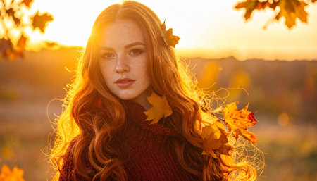 Portrait of a beautiful redhead girl with autumn leaves in her hair.の素材