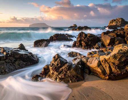 Long exposure of the waves breaking on the rocks on the beach at sunsetの素材