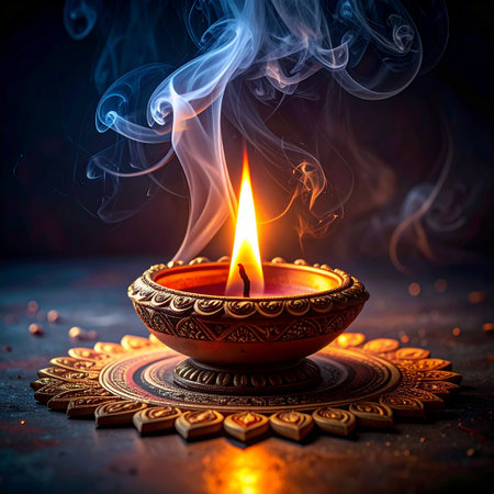 Beautiful diwali diya with burning candle on dark backgroundの素材