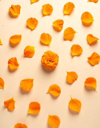 Orange flower petals on beige background. Flat lay, top viewの素材