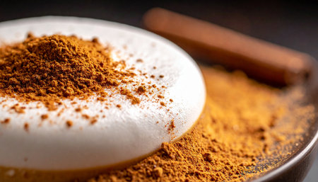 Coffee cup with cinnamon on a black background, close upの素材