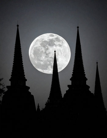 Wat Pho in Bangkok, Thailand at night with full moonの素材