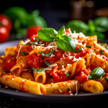 Penne pasta with tomato sauce, parmesan cheese and basil leavesの素材