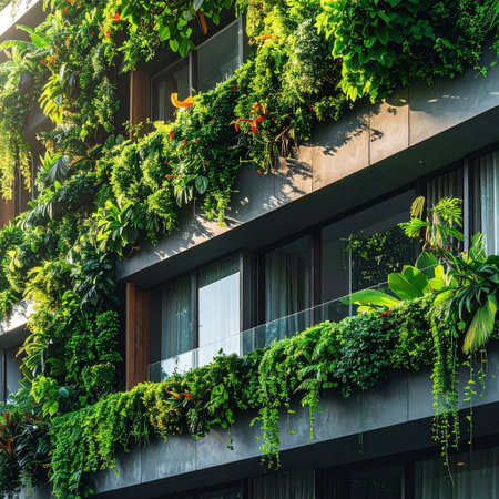 Modern apartment building exterior with green plants and flowers, sunny day.の素材