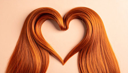 Red hair in the shape of a heart on a beige backgroundの素材