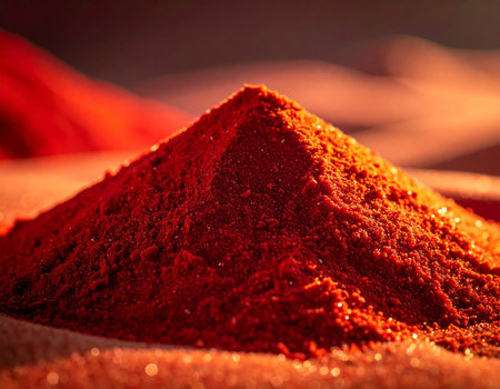 Close up of a pile of red paprika powder on the tableの素材