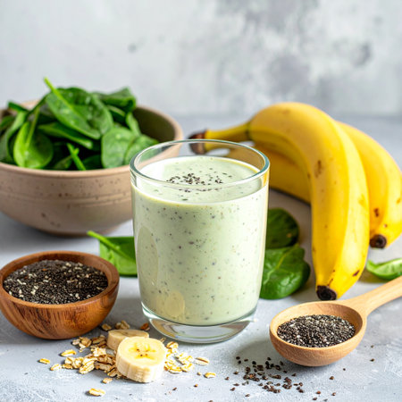Healthy green smoothie with chia seeds, banana and spinach in a glass on a gray background.の素材
