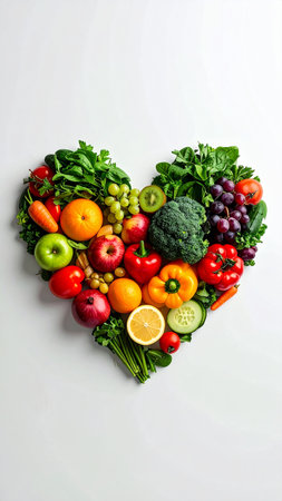 Heart shape made of fresh fruits and vegetables. Healthy food concept.の素材