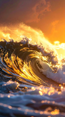 Beautiful sunset in the ocean with big wave and sunbeamsの素材