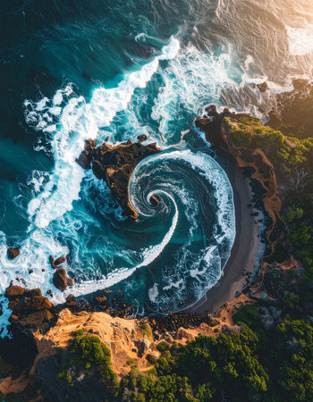 Aerial view of ocean waves crashing on the rocks at sunset time.の素材