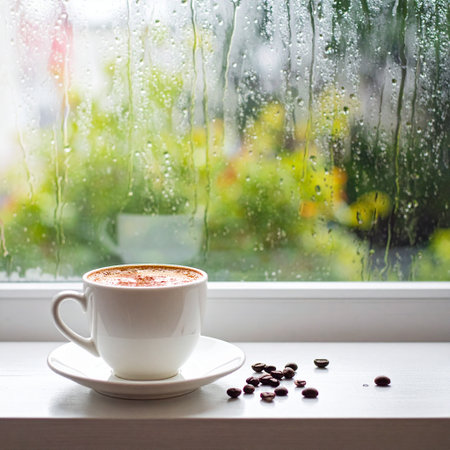 Coffee cup and coffee beans on the windowsill with raindropsの素材