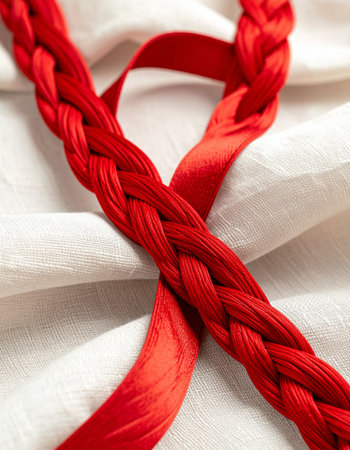 Red braided ribbons on white fabric background. Close up.の素材