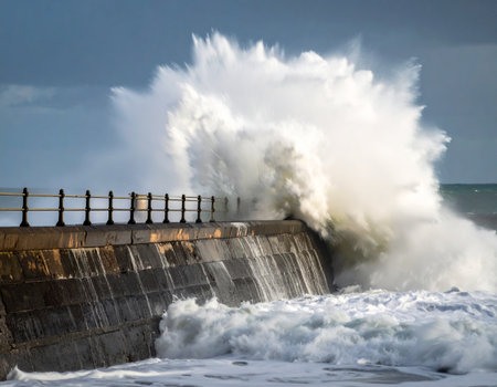Stormy waves breaking on a breakwater in the Atlantic Ocean.の素材