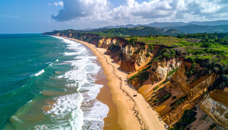 Aerial view of beautiful sandy beach Praia da Rocha in Portugalの素材