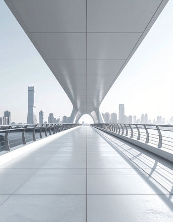 empty concrete floor with modern cityscape and bridge in shanghaiの素材