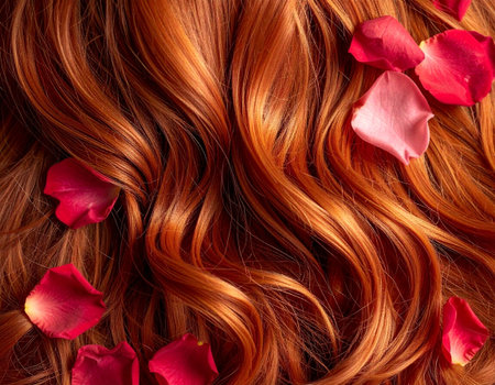 Beautiful red hair with rose petals as a background, close upの素材