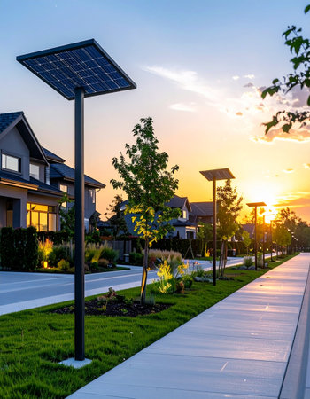 Solar panels installed on the roof of a house with a beautiful sunsetの素材