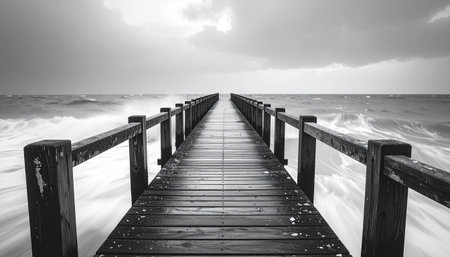 Black and white image of a wooden pier on the beach in black and whiteの素材