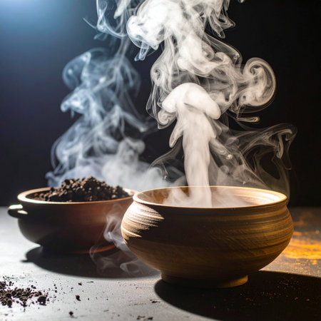 Smoke from the incense in a wooden bowl on a black backgroundの素材