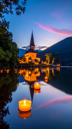 Lake Bled with St. Mary's Church at sunset, Sloveniaの素材