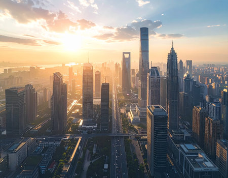 Aerial view of Shanghai at sunset, China. Shanghai is the capital and largest city of China.の素材