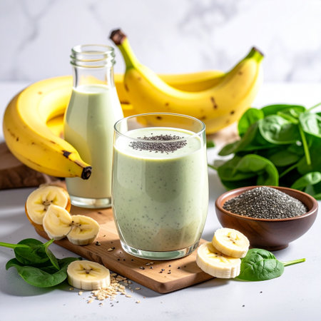 Smoothie with chia seeds, banana and spinach on a white background.の素材