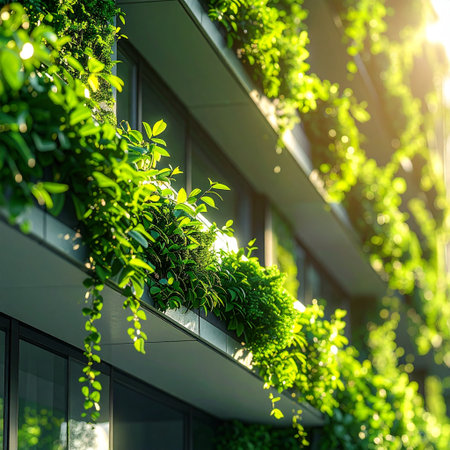 Green plants in the windows of a modern office building in the sunlightの素材