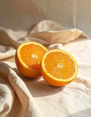 Two halves of ripe orange on a white tablecloth, selective focusの素材