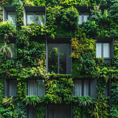 Green wall of a house with windows and plants in the garden.の素材