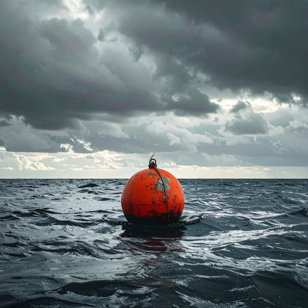 Lifebuoy floating in the sea with stormy sky. 3d renderの素材