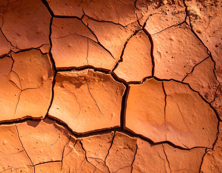 Dry cracked earth background. Cracks in the ground texture.の素材