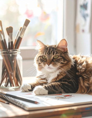 Cute Maine Coon cat lying on the table and drawing.の素材